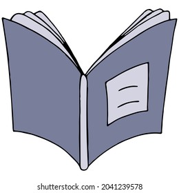 open blue school book or notebook, color vector illustration in doodle style with black outline
