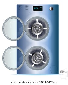 Open Blue Steel Front Load Double Washing machine isolated on white background. 3d