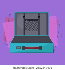 Open blue suitcase with coded lock. Hand luggage, case, traveling bag. Bags concept. Vector illustration can be used for topics like business, travel, transportation