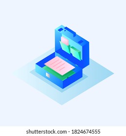 Open blue suitcase with papers