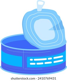 El estaño azul abierto puede aislarse en blanco. Cañón de metal vacío con tapa. Ilustración vectorial de empaquetado de alimentos. Concepto de compras y enseres domésticos.