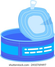 Open blue tin can with a peel-back lid, flat design style. Simple illustration of canned food, packaging concept vector illustration.