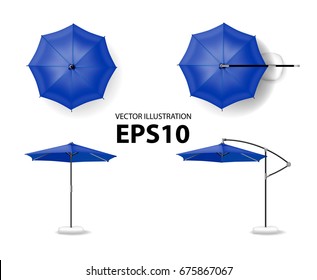 Open Blue Umbrella For Summer And Beach Cafe. Vector Illustration View Of The Top, Side View
