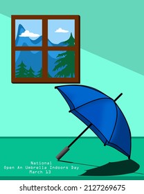 An Open Blue Umbrella In A Windowed Room With A View Of The Mountains Outside, National Open An Umbrella Indoors Day March 13