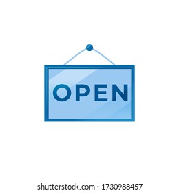 Open blue vector board sign illustration. Hanging store signboard design with typography. Opening time banner isolated object on white background. Message for customers. Advertising storefront sign