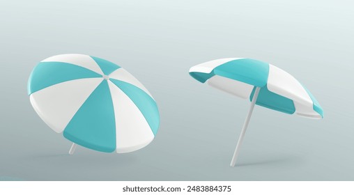 Open blue and white beach umbrella. Realistic 3d vector illustration set of sunshade sea vacation and travel equipment. Shore or pool relax object. Safety outdoor summertime sunbath concept mockup.