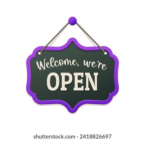 Open board sign, shop notice signboard. Isolated vector welcoming display signaling business availability. Informative banner conveying essential details about the store, for attracting customers