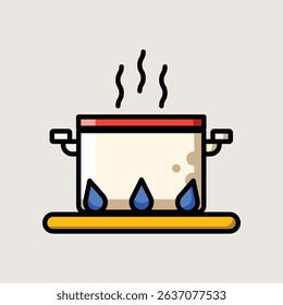 Open Boiling Cooking Pot with Steam Rising in Flat Vector Illustration for Kitchen Use