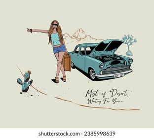 open bonnet car with girl waiting for lift vector illustration, western desert road tour vector artwork, american cactus desert adventure, desert landscape drawing, lady waiting for car lift