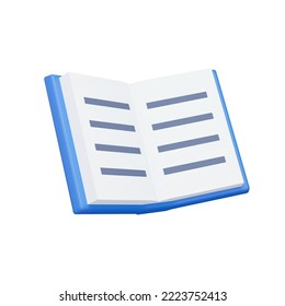 Open book 3d icon. open blue book with words and text. Isolated object on transparent background