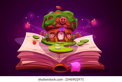 Open book about magic adventure in forest for kid. Storybook with acorn house for dwarf or elf on grass. Literature popup with fairytale fantasy scene. Legend world imagination drawing for preschool