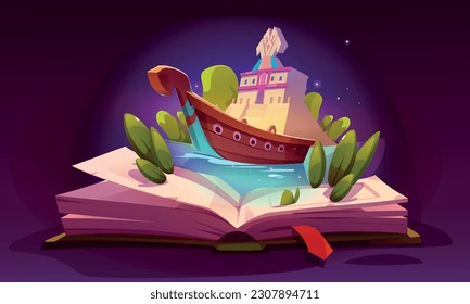 Open book about ship fairy tale adventure to read for kid vector illustration. Fantasy kid fairytale with cute imagination storytelling. Kindergarten drawing literature for reading about sailing boat