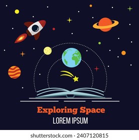 Open Book About Space and Science with Stars and Planets. Reading on scientific topic and universe exploration