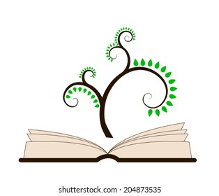 An open book with an abstract spiral tree above it