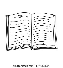An open book with abstract text. Doodle style. The view from the top. Design element for a theme, education, school, reading. Hand drawn and isolated on white. Black and white vector illustration