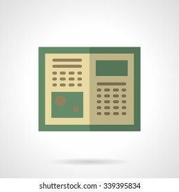 Open book with abstract text and illustrations on pages. Education symbol, e-library, online tutorials. Flat color style vector icon. Buttons and design elements for website, mobile app, business. 