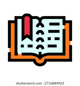 Offenes Buch mit abstraktem Text und rotem Lesezeichen, flaches Vektorsymbol, das Lesen, Bildung, Wissenserwerb, Studium, akademische Bildung, Lesen, Forschung und Lernfortschritt symbolisiert