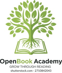 Open Book Academy logo with a tree growing from pages vector illustration 