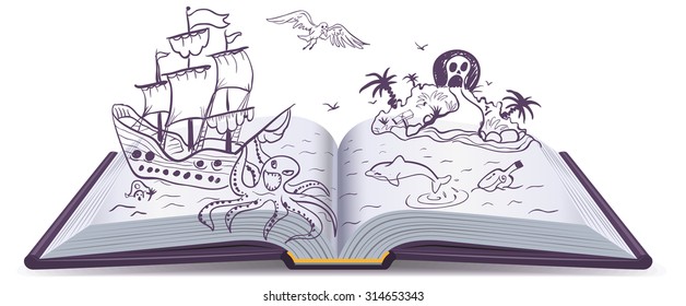 Open book Adventure. Treasures, pirates, sailing ships, adventure. Reading fantasy. Illustration in vector format