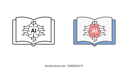 Open book with AI brain icon in outline and color styles, representing cognitive learning, intelligent tutoring, and digital education systems powered by neural technology.