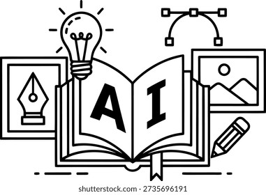 An open book with AI on the pages, surrounded by various creative elements such as a lightbulb, a paint palette, a pencil, and a camera, symbolizing the integration of artificial intelligence in different creative fields.