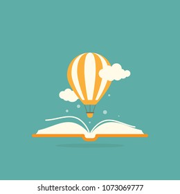 Open book with air balloon and clouds.  isolated on turquoise background. Vector flat illustration. Magic fairytale reading logo. Imagination and inspiration picture. Fantasy. Creative kids