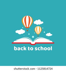 Open book with air balloon and clouds isolated on blue background. Vector flat illustration. Back to school logo. Reading and learning card. Fantasy. Creative kids