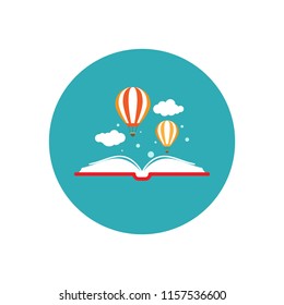 Open book with air balloon and clouds in blue circle. Vector flat education icon isolated on white. Magic fairytale reading logo. Imagination and inspiration picture. Fantasy. Creative study and learn