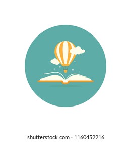 Open book with air balloon and clouds in circle isolated on white background. Vector flat illustration. Magic fairytale reading logo. Imagination and inspiration picture. Fantasy. Creative kids