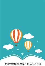 Open book with air balloon and clouds isolated on blue background. Vector flat illustration. Magic fairytale reading logo. Imagination and inspiration, fantasy. Creative vertical poster, placard.