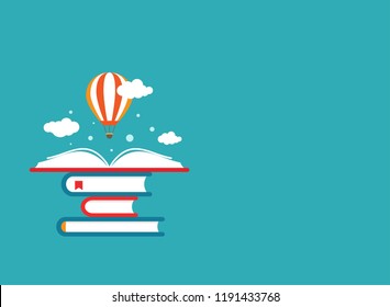 Open book with air balloon and clouds on book stack. Education blue background. Vector flat illustration. Magic fairytale reading logo. Imagination and inspiration picture. Fantasy. knowledge day