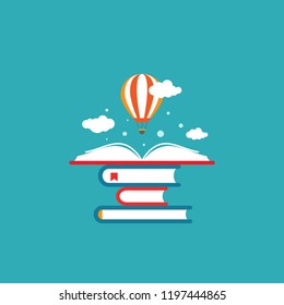 Open book with air balloon and clouds on book stack. Education vector flat illustration. Magic fairytale reading logo. Imagination and inspiration picture. Fantasy. knowledge day