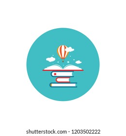 Open book with air balloon and clouds on book stack in blue circle. Education vector flat illustration. Magic fairytale reading logo. Imagination and inspiration picture. Fantasy. knowledge day