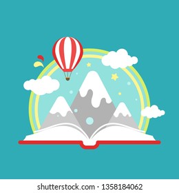 Open book with air balloon, clouds, rainbow and mountains on blue background. Vector flat illustration. Magic fairytale reading logo. Imagination and inspiration. Fantasy, summer, camp