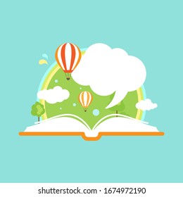 Open book with air balloon, clouds, rainbow and chat bubble. Isolated on blue background. Vector flat illustration. Magic fairytale reading logo. Imagination and inspiration. Distance learning