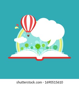 Open book with air balloon, clouds, rainbow and chat bubble. Isolated on blue background. Vector flat illustration. Magic fairytale reading logo. Imagination and inspiration. Distance learning