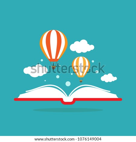 Open book with air balloon and clouds isolated on blue background. Vector flat illustration. Magic fairytale reading logo. Imagination and inspiration picture. Fantasy. Creative kids