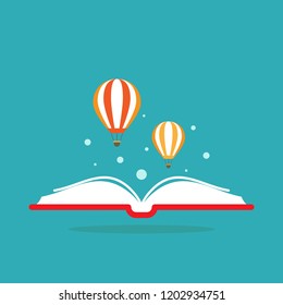 Open book with air balloon isolated on blue background. Vector flat illustration. Magic fairytale reading logo. Imagination and inspiration picture. Fantasy. Creative kids