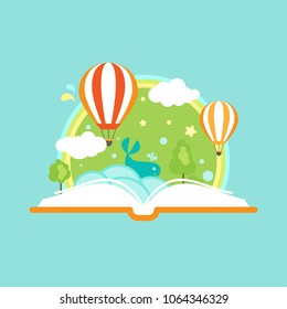 Open book with air balloons, clouds, rainbow and stars. Isolated on blue background. Vector flat illustration. Magic fairytale reading logo. Imagination and inspiration picture. Fantasy. Creative kids