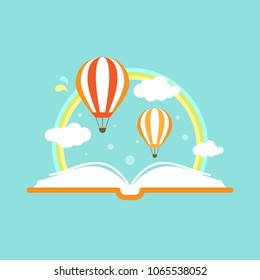 Open book with air balloons, clouds, rainbow. Isolated on blue background. Vector flat illustration. Magic fairytale reading logo. Imagination, inspiration, Fantasy. Knowledge day. School graduation