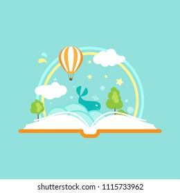 Open book with air balloons, clouds, rainbow and stars. Isolated on blue background. Vector flat illustration. Magic fairytale reading logo. Imagination and fantasy. Creative kids. Back to school