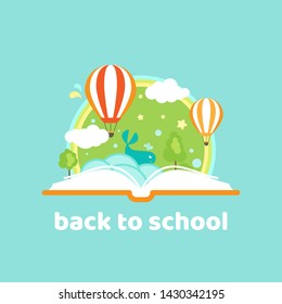 Open book with air balloons, clouds, rainbow and stars. Isolated on blue background. Vector flat illustration. Magic fairytale reading logo. Imagination and fantasy. Creative kids. Back to school