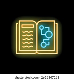 Open book with algorithm showing on page in neon style on black brick wall background