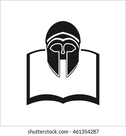 Open book with ancient helmet symbol sign simple icon on background