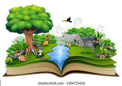 Open book with the animal cartoon playing in the river