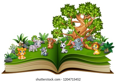 Open book with animal cartoon playing in the park under a big tree