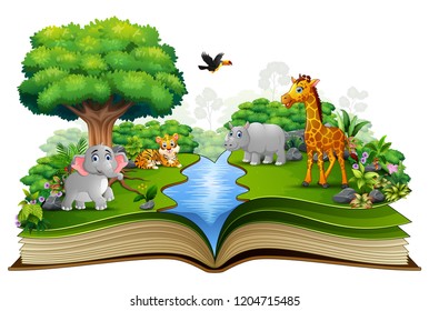 Open book with the animal cartoon playing in the river