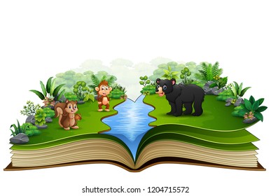 Open book with the animal cartoon playing in the river