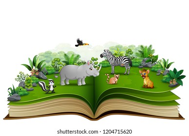 Open book with animal cartoon playing in the park