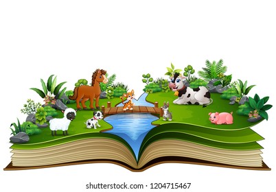 Open book with animal farm in the park